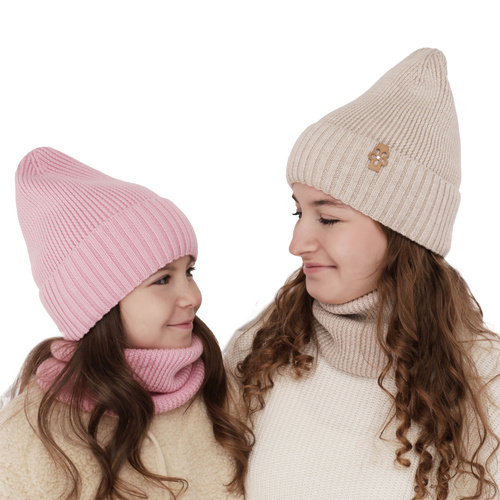Winterset Mädchen: Mütze und Schlauchschal 100% extrafeine Merinowolle Beige Nelita