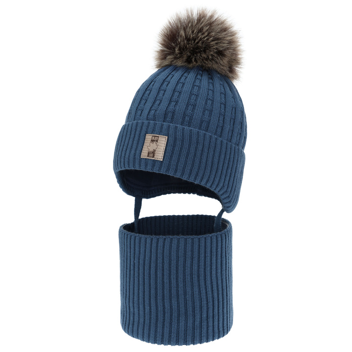 Winterset für Jungen: Mütze und Schlauchschal, mit Bommel, Blau, Fiamanto
