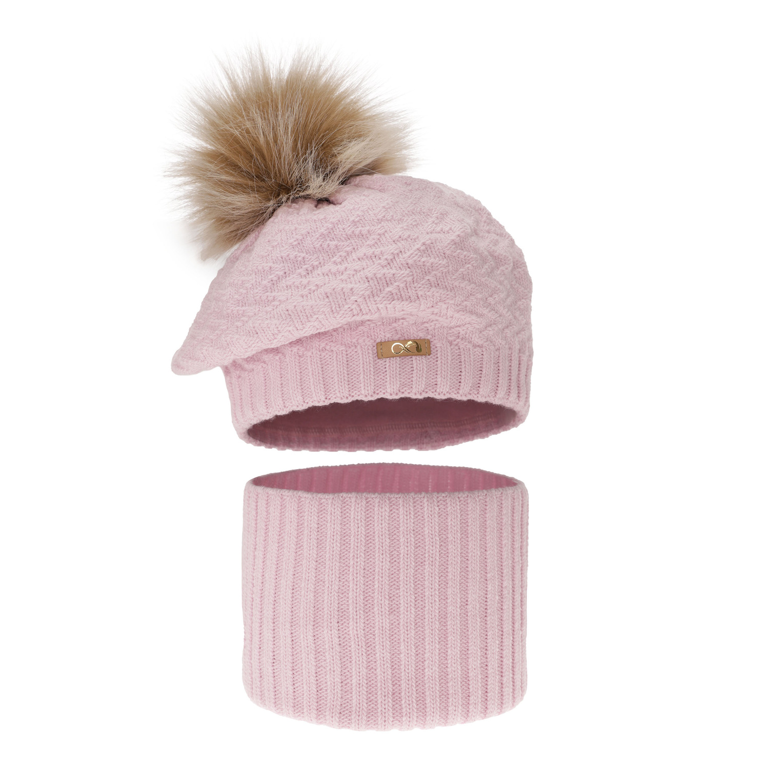 Winterset Mädchen: Mütze und Schlauchschal mit Bommel Violett Atene