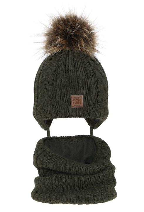 Winterset Jungen: Mütze und Schlauchschal mit Bommel khaki Casper