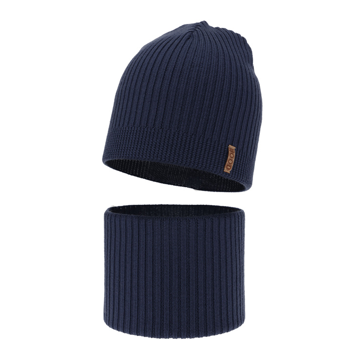 Herbst und Frühlingsset Jungen: Mütze und Schlauchschal 100% extrafeine Merinowolle Navy Blau Chester
