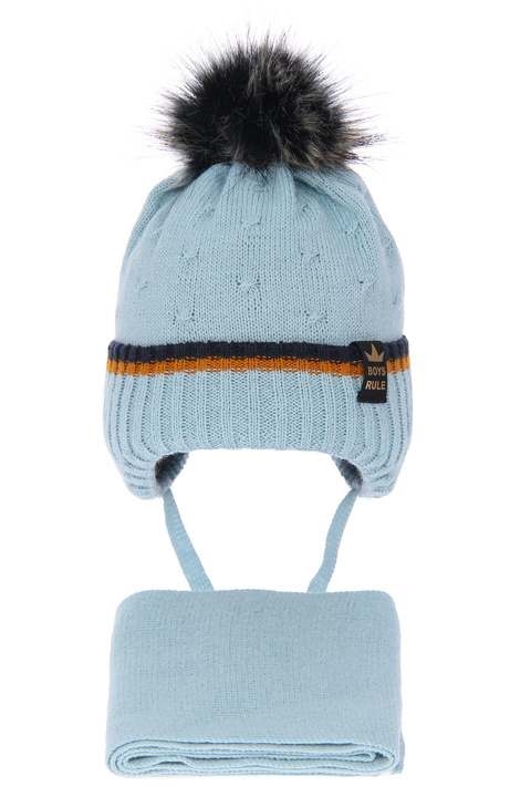 Winterset Jungen: Mütze und Schal mit Bommel Blau Pierot