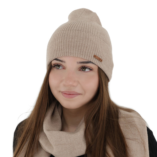 Herbst und Wintermütze Damen, beige, 100% Merinowolle, Flerra