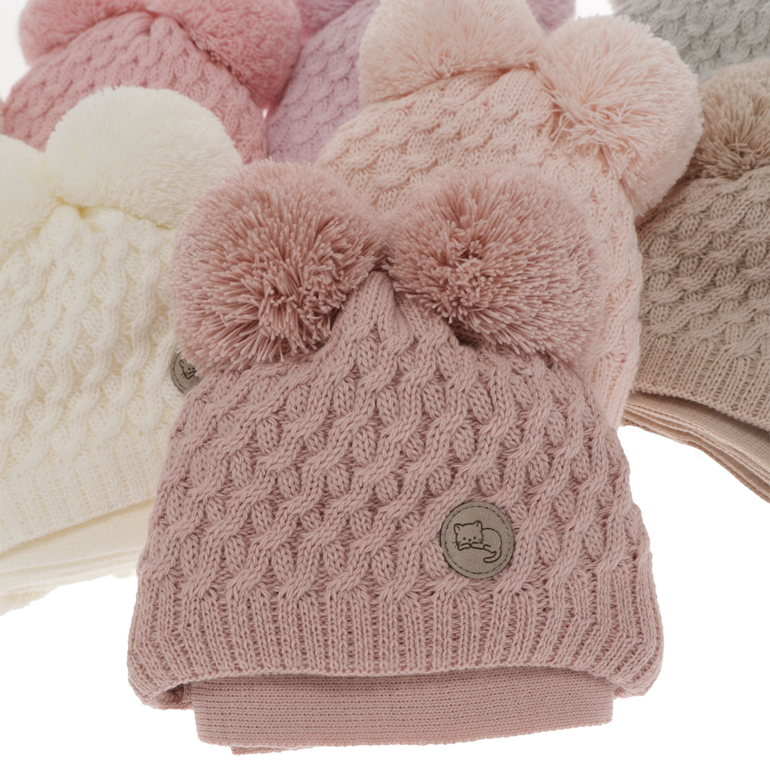 Winterset für Mädchen: Mütze und Schal mit zwei Bommeln in Beige Anava