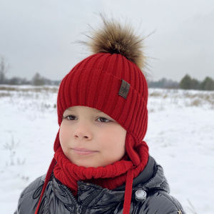 Winterset Jungen: Mütze und Schlauchschal mit Bommel Grau Puzel