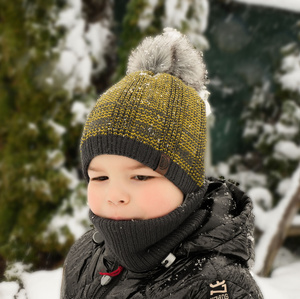 Winterset Jungen: Mütze und Schlauchschal mit Bommel Schwarz Harison