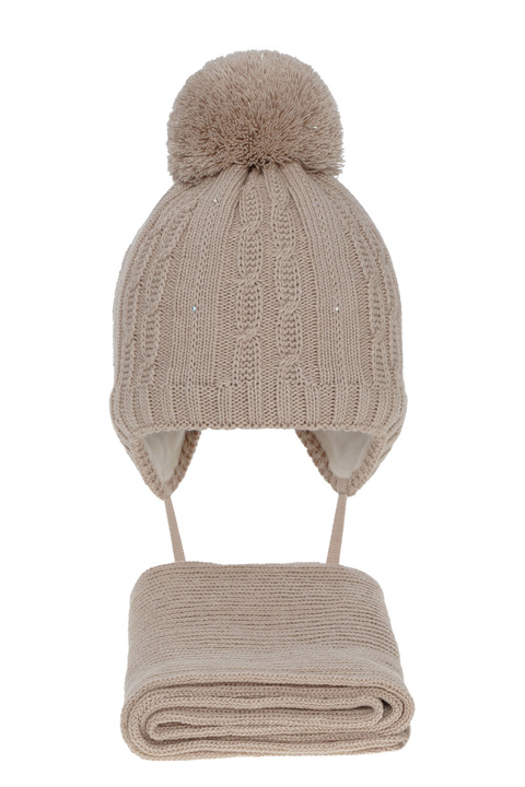 Winterset Mädchen: Mütze und Schal mit Bommel Beige Candy