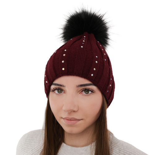 Wintermütze Damen mit Bommel Burgunder Mada
