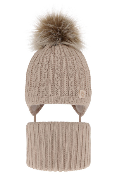 Winterset für Mädchen: Mütze und Schlauchschal mit Bommel in Beige Passa