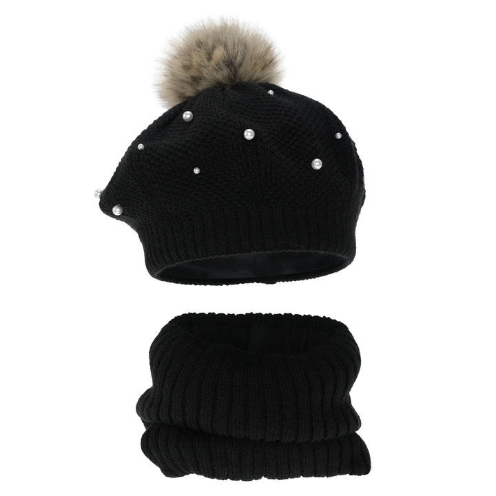 Winterset Mädchen: Beret und Schlauchschal, mit Fleecefutter, cremeweiß, mit Bommel, Jeanette