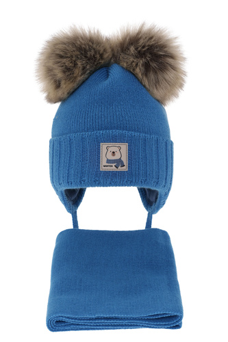 Winterset für Jungen: Mütze und Schal mit zwei Bommeln in Blau Jewel