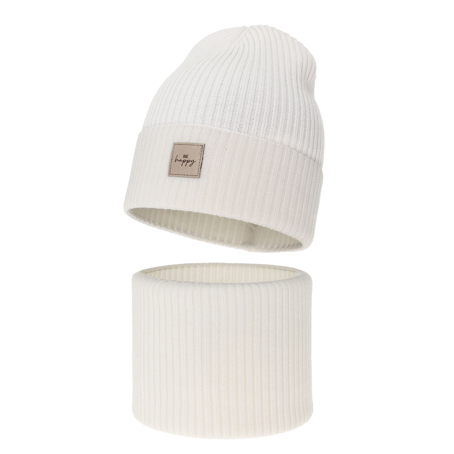 Herbst und Frühlingsset Mädchen: Mütze und Schlauchschal, 100% Merinowolle, Weiß, Vanita