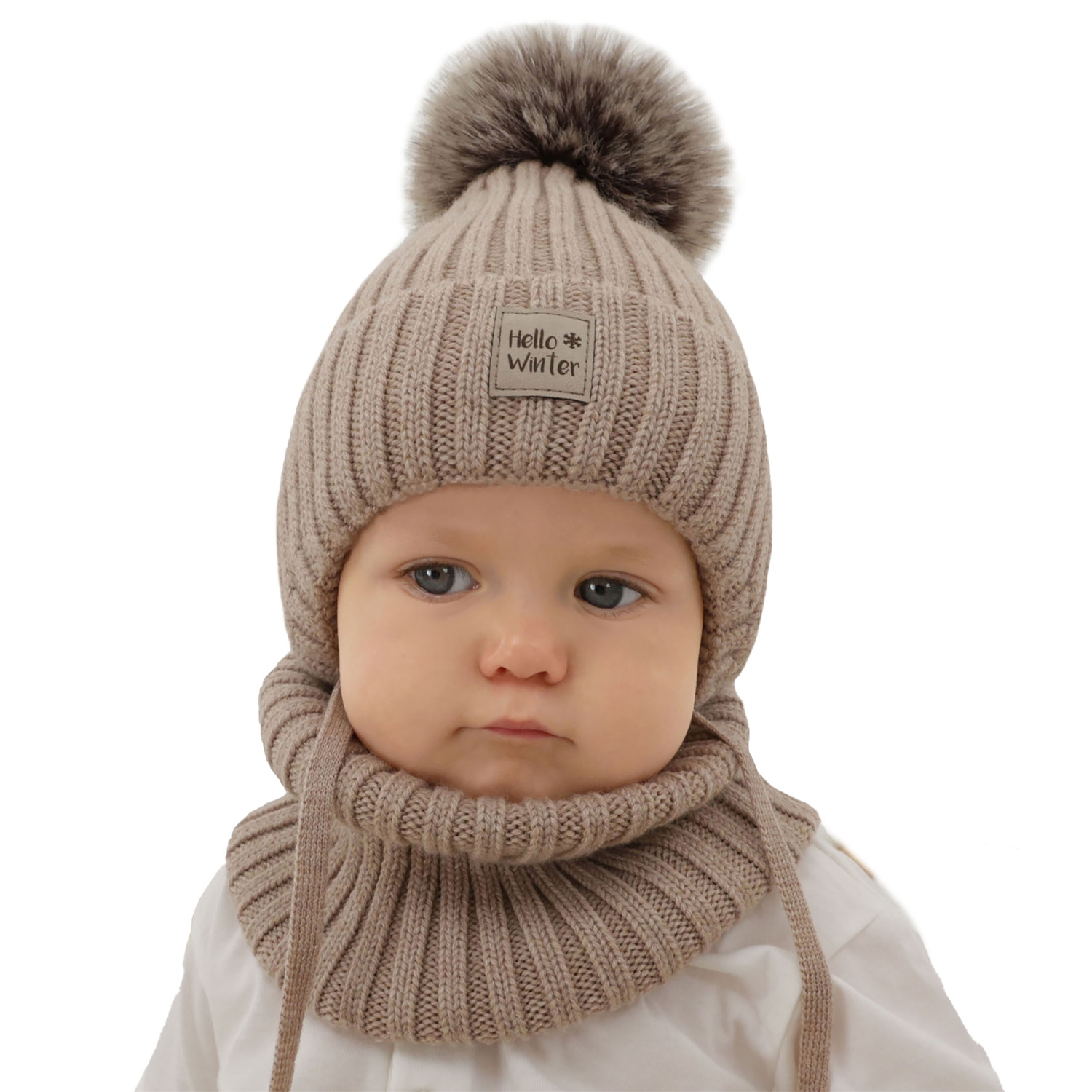 Winterset für Jungen: Mütze und Schlauchschal aus 100% extrafeiner Merinowolle, gefüttert mit Wollfleece in Beige Morti