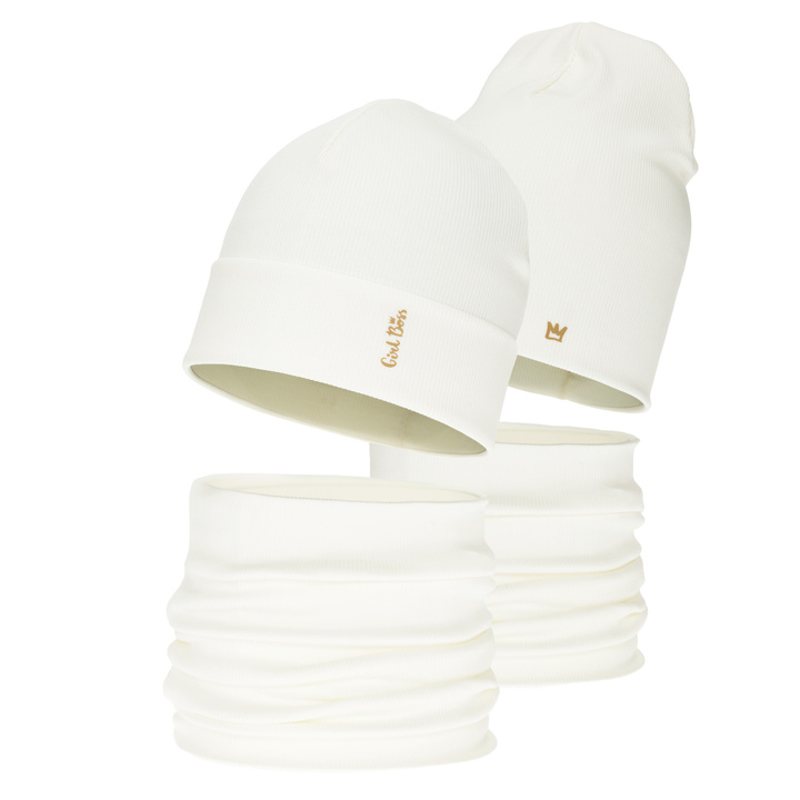 Herbst und Frühlingsset Mädchen: Mütze und Schlauchschal, cremefarben, Baumwolle, Carina