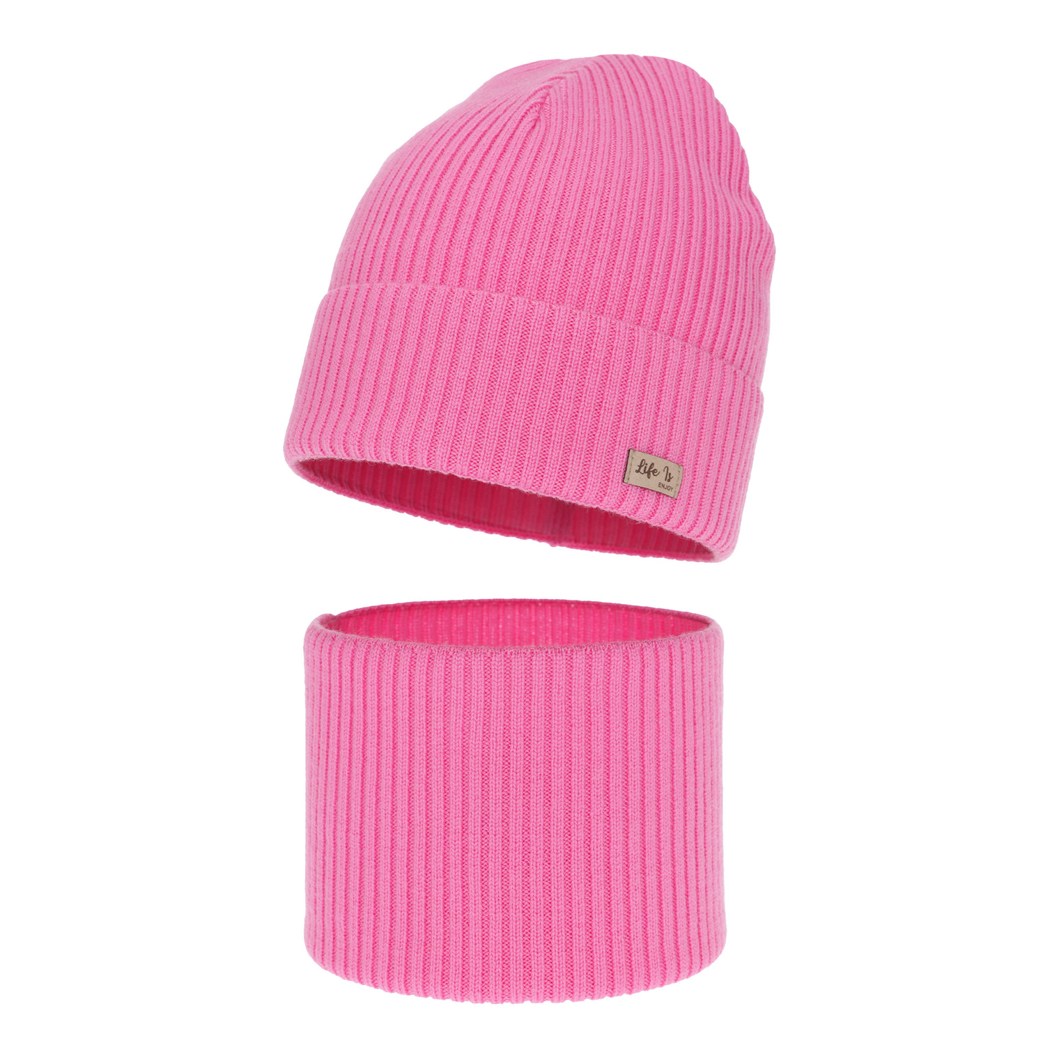 Herbst und Frühlingsset Mädchen: Mütze und Schlauchschal 100% extrafeine Merinowolle Rosa Itra