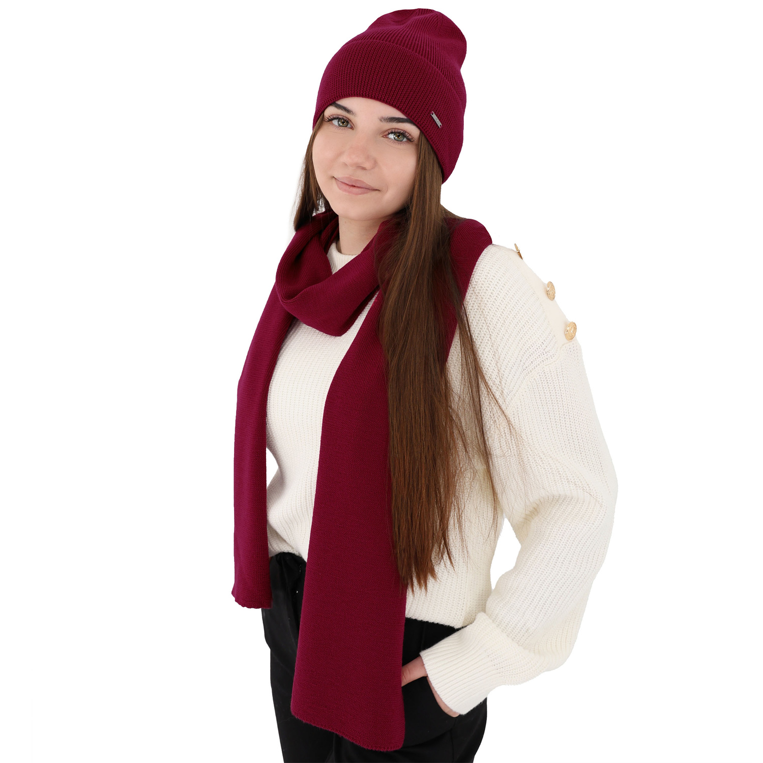 Damen-Set Frühling - Winter: Mütze und Schal Cremefarben 100% extrafeine Merinowolle Melpomena