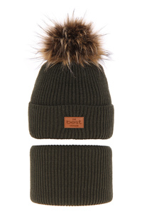 Winterset Jungen: Mütze und Schlauchschal mit Bommel Khaki Opal