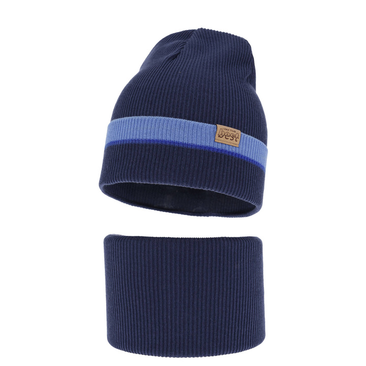 Herbst und Frühlingsset Jungen: Mütze und Schlauchschal, mit Baumwolle, Navy Blau Antonio