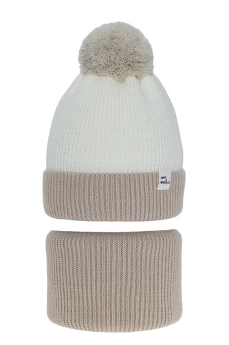 Winterset Mädchen: Mütze und Schlauchschal mit Bommel Beige Rosalin