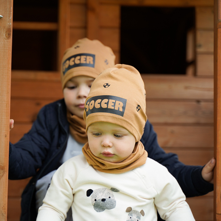 Herbst und Frühlingsset Jungen: Mütze und Schlauchschal Orange Soccer