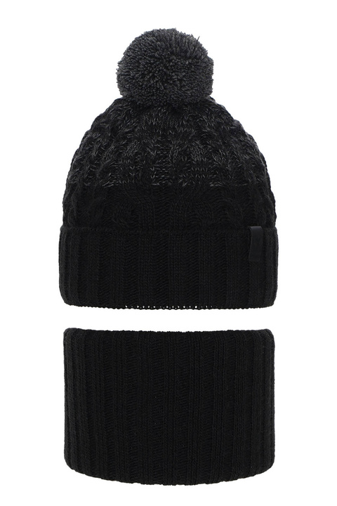 Winterset Jungen: Mütze und Schlauchschal mit Bommel Schwarz Travis