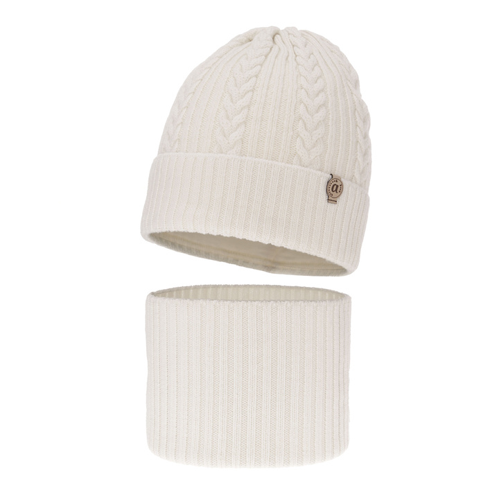 Winterset Mädchen: Mütze und Schlauchschal aus 100% extrafeiner Merinowolle in Weiß Jenny