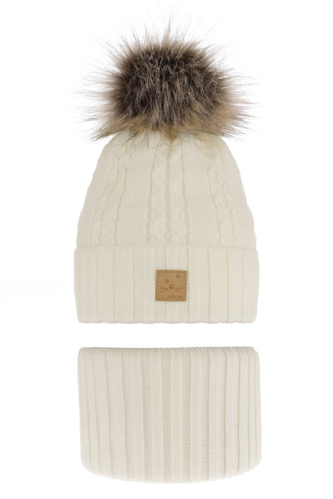 Winterset Mädchen: Mütze und Schlauchschal mit Bommel Cremefarben Alexia