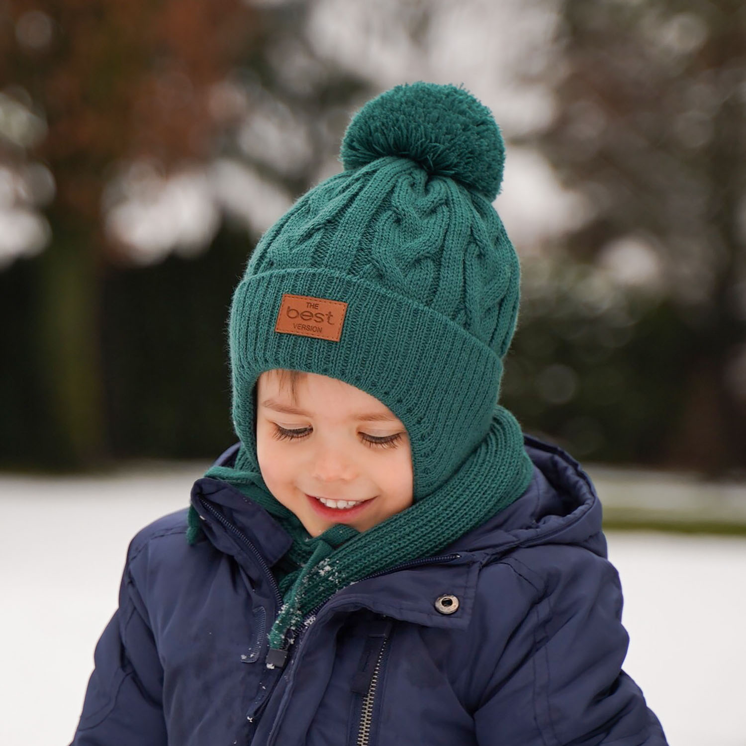 Winterset Jungen: Mütze und Schal mit Bommel Grün Remix
