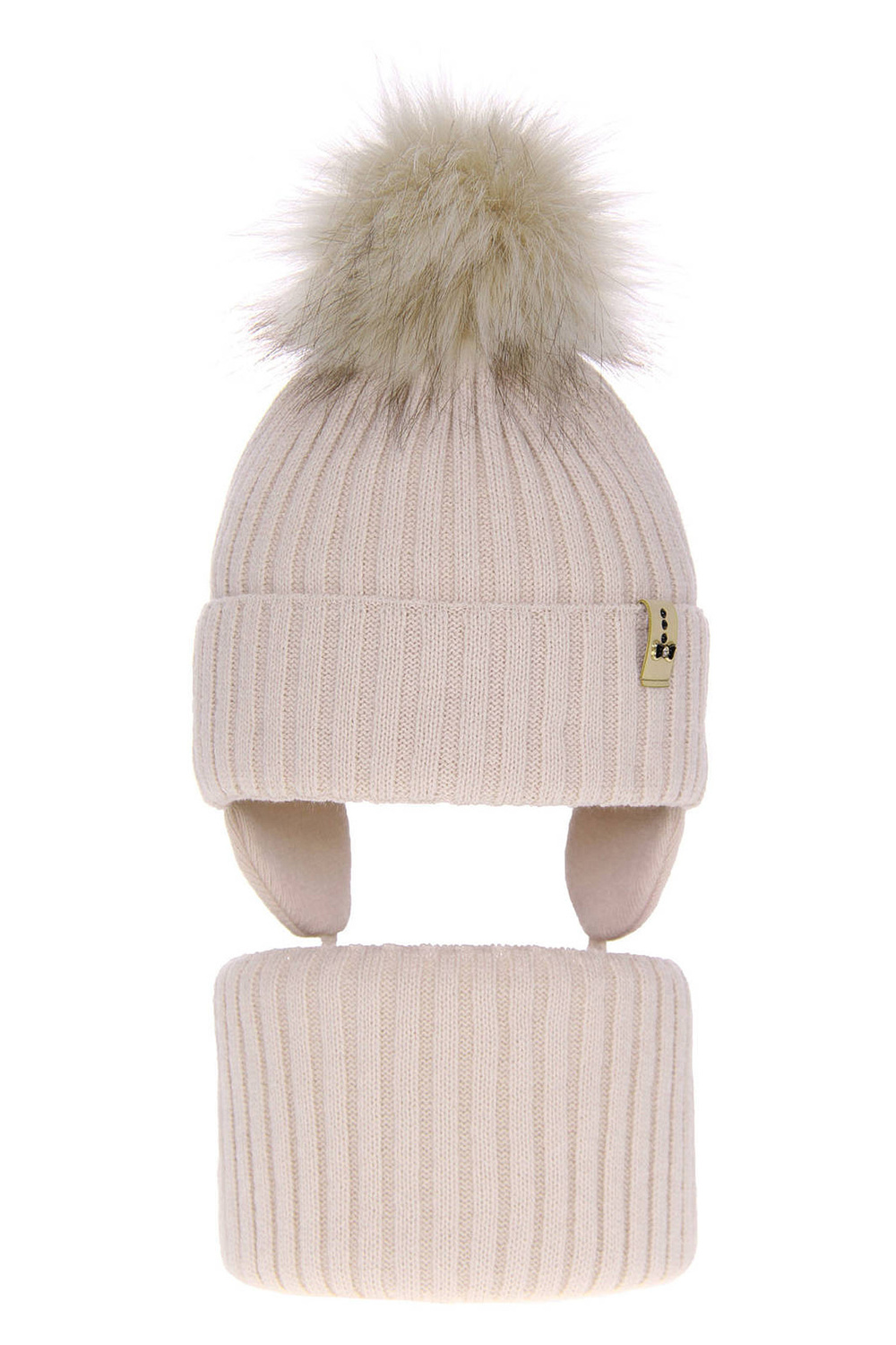 Winterset Mädchen: Mütze und Schlauchschal mit Bommel Beige Preria