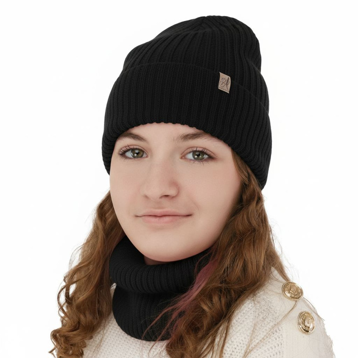 Winterset Mädchen: Mütze und Schlauchschal aus 100% Merinowolle, Schwarz, Patricia