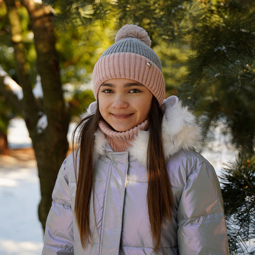 Winterset Mädchen: Mütze und Schlauchschal mit Bommel Grau Kolumbina