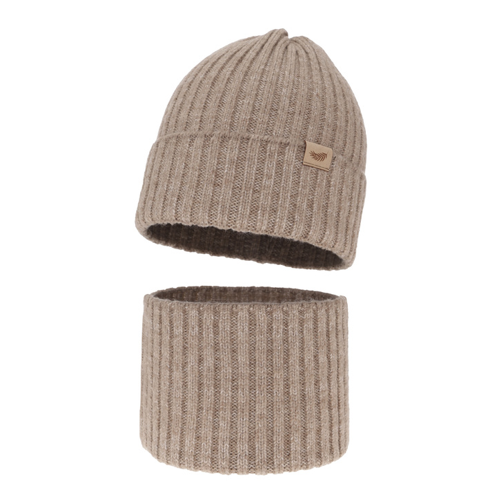 Winterset für Mädchen: Mütze und Schlauchschal mit Merinowolle in Beige Karmina