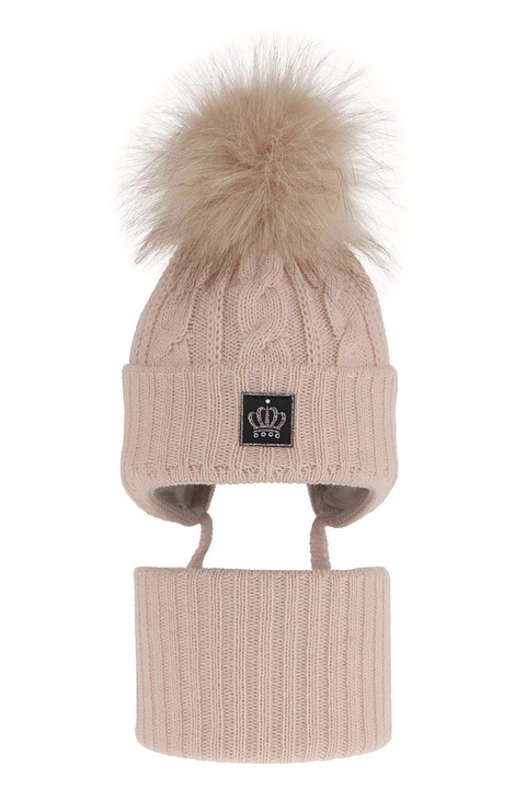 Winterset Mädchen: Mütze und Schlauchschal mit Bommel Beige Tigra
