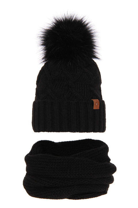 Winterset Damen: Mütze und Schlauchschal mit Bommel Schwarz Kreacja