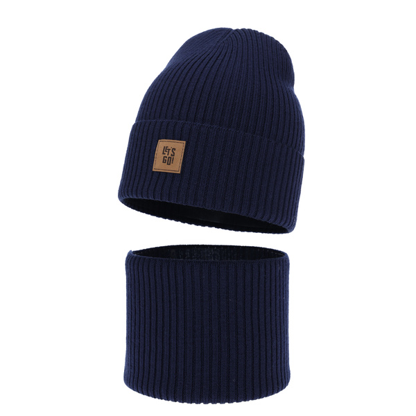 Herbst und Frühlingsset Jungen: Mütze und Schlauchschal 100%  Merinowolle Navy Blau Vanto