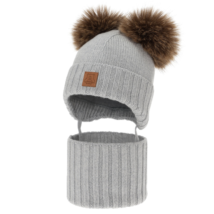 Jungen Mütze und Schal, Winter Set, grau, 100% Merinowolle, gefüttert mit Wollfleece, Ronik