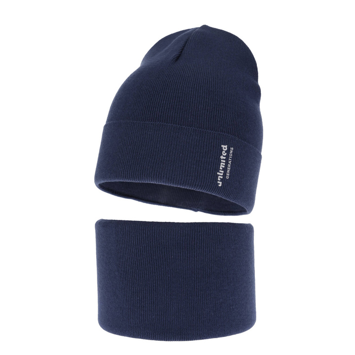 Herbst und Frühlingsset Jungen: Mütze und Schlauchschal, mit Baumwolle, Navy Blau Timothe