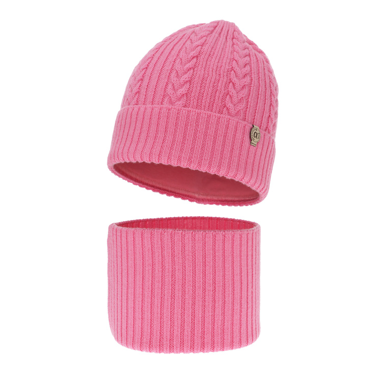 Winterset Mädchen: Mütze und Schlauchschal aus 100% extrafeiner Merinowolle in Rosa Jenny
