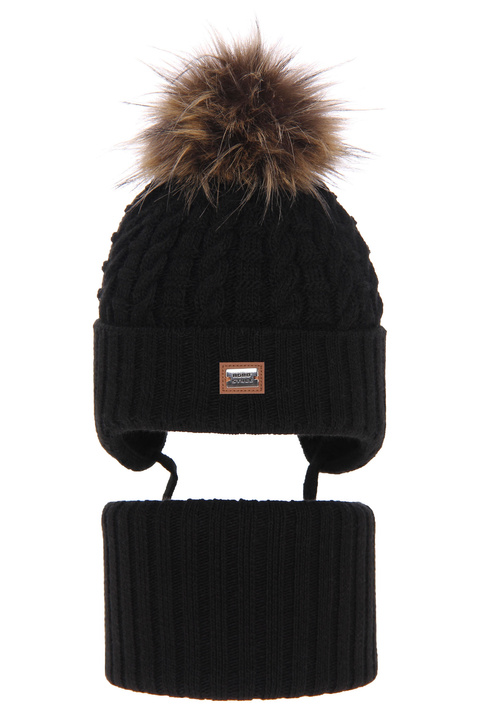Winterset Jungen: Mütze und Schlauchschal mit Bommel Schwarz Salwador