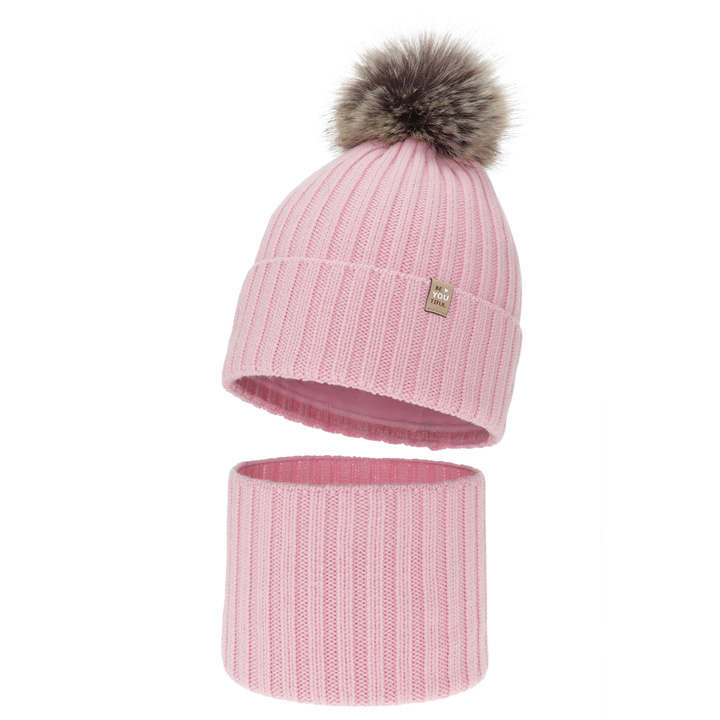 Winterset Mädchen: Mütze und Schlauchschal, rosa, 100% Merinowolle, Baumwollfutter, mit Bommel, Terida