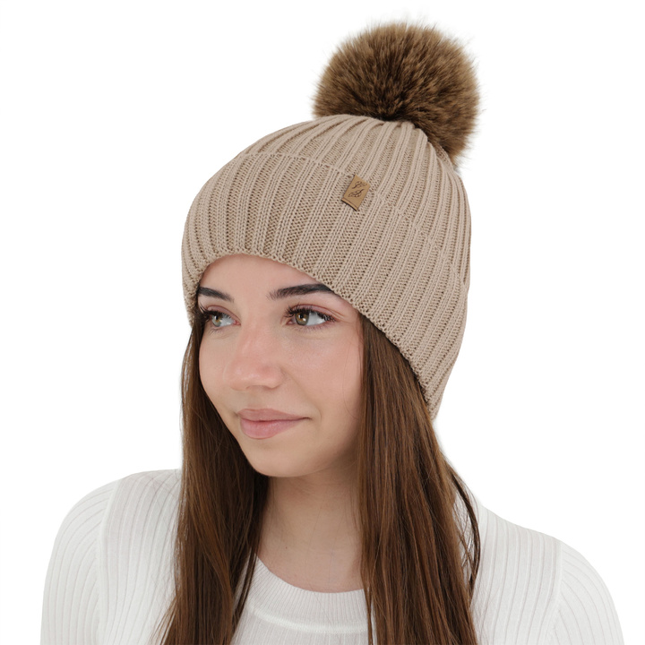 Wintermütze Damen, beige, mit Merinowolle, Zamira