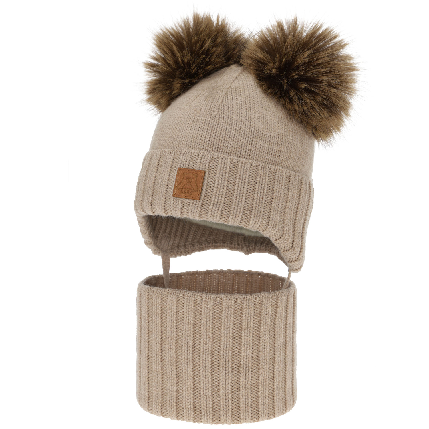 Jungen Mütze und Schal, Winter Set, beige, 100% Merinowolle, gefüttert mit Wollfleece, Ronik