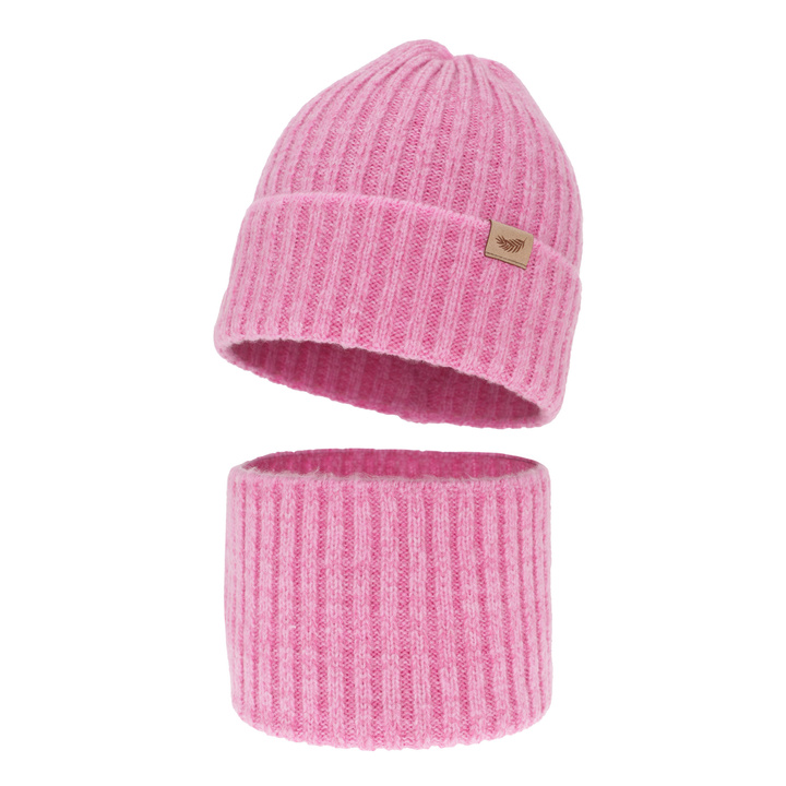 Winterset für Mädchen: Mütze und Schlauchschal mit Merinowolle in Rosa Karmina