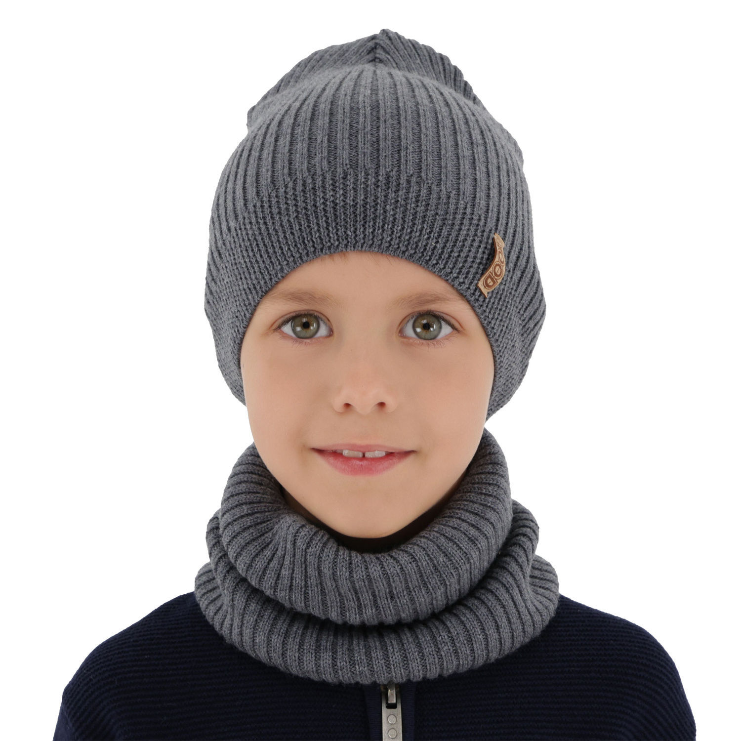 Herbst und Frühlingsset Jungen: Mütze und Schlauchschal 100% extrafeine Merinowolle Grau Chester