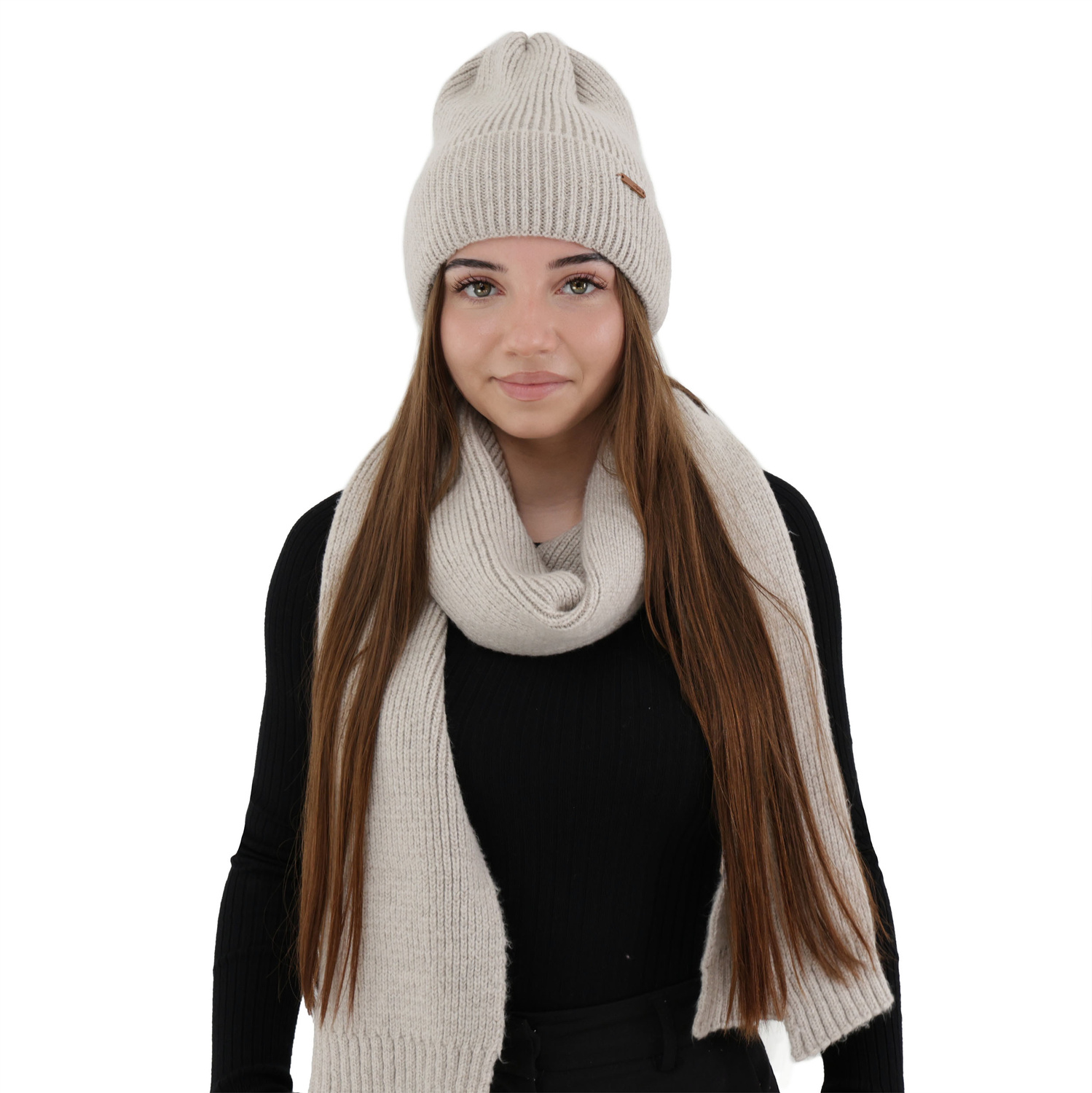Winterset Damen: Mütze und Schal, Winter, beige, mit Merinowolle, Seala
