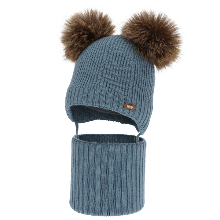 Jungen Mütze und Schal, Winter Set, blau, 100% Merinowolle, gefüttert mit Wollfleece, Lumio