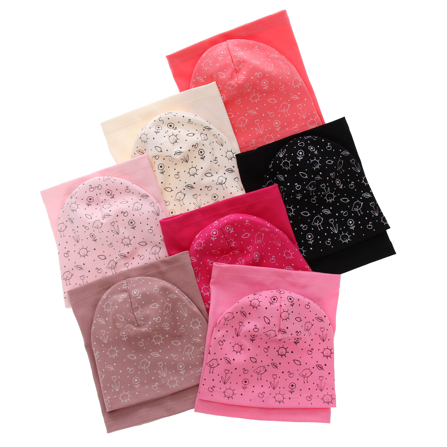 Herbst und Frühlingsset Mädchen baumwolle: Mütze und Schlauchschal Rosa Sesja