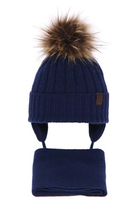 Winterset Jungen: Mütze und Schal mit Bommel Navy Blau Wiko