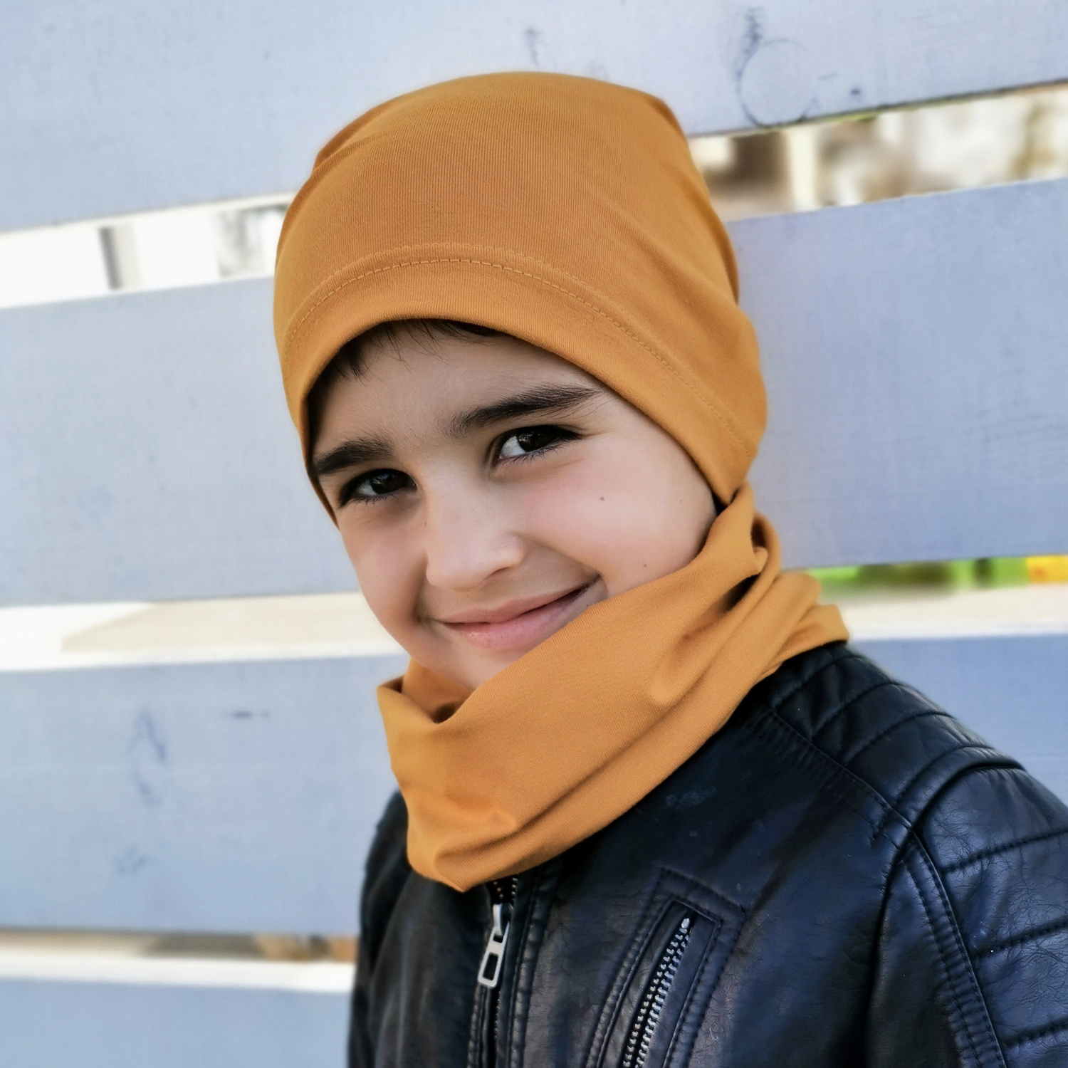 Herbst und Frühlingsset Jungen: Mütze und Schlauchschal khaki Hazel
