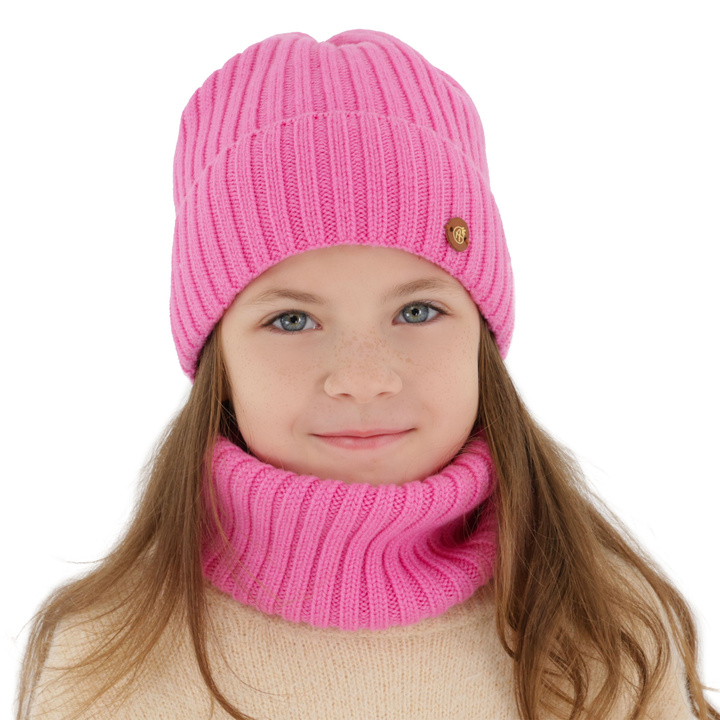 Winterset Mädchen: Mütze und Schlauchschal, rosa, 100% Merinowolle, Baumwollfutter, Vanira